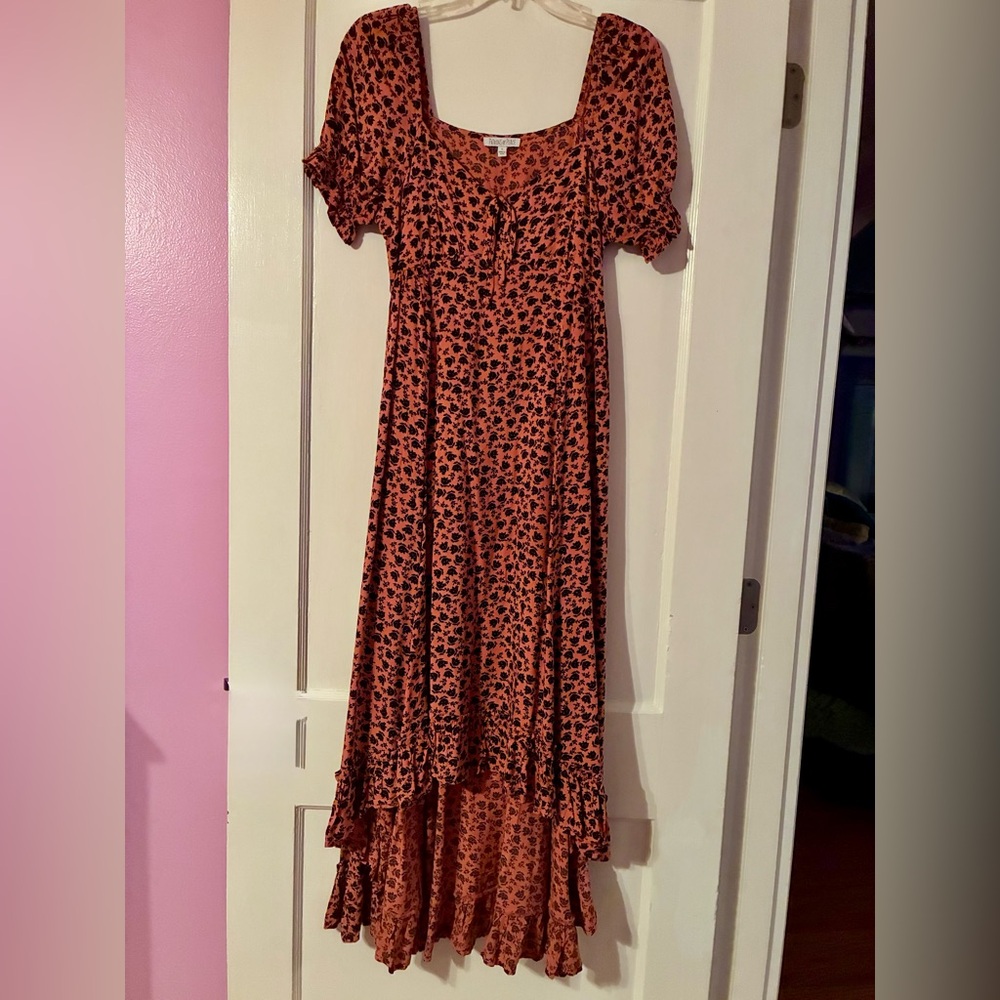Patrons of Peace Rust Floral High Low Maxi Dress Puff Sleeve S